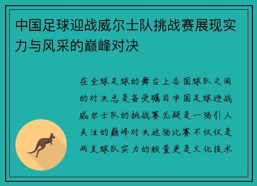 中国足球迎战威尔士队挑战赛展现实力与风采的巅峰对决