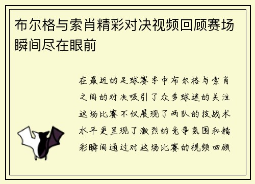 布尔格与索肖精彩对决视频回顾赛场瞬间尽在眼前
