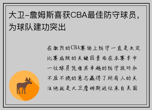 大卫-詹姆斯喜获CBA最佳防守球员，为球队建功突出