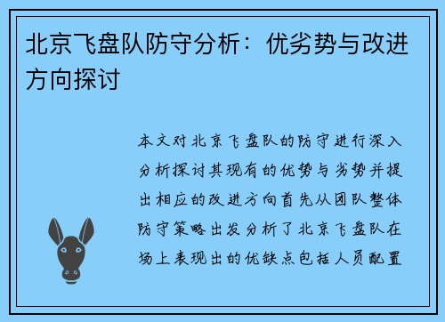 北京飞盘队防守分析：优劣势与改进方向探讨