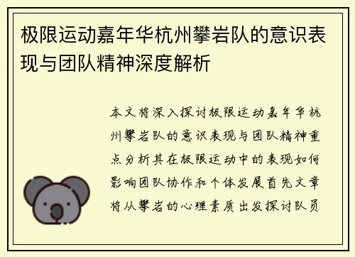 极限运动嘉年华杭州攀岩队的意识表现与团队精神深度解析