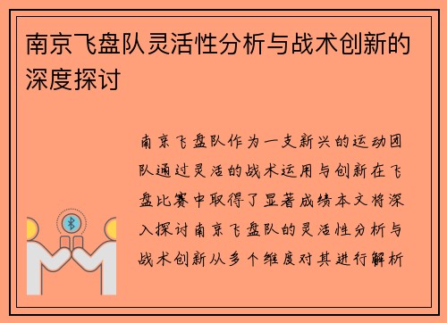 南京飞盘队灵活性分析与战术创新的深度探讨