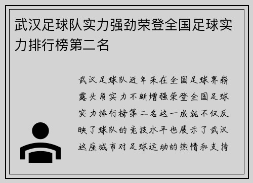 武汉足球队实力强劲荣登全国足球实力排行榜第二名