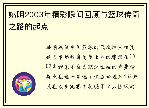 姚明2003年精彩瞬间回顾与篮球传奇之路的起点