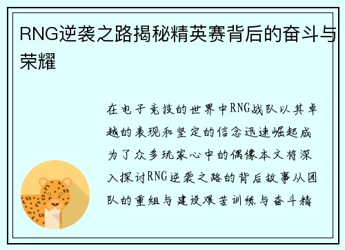 RNG逆袭之路揭秘精英赛背后的奋斗与荣耀