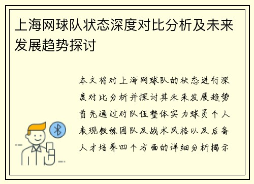 上海网球队状态深度对比分析及未来发展趋势探讨