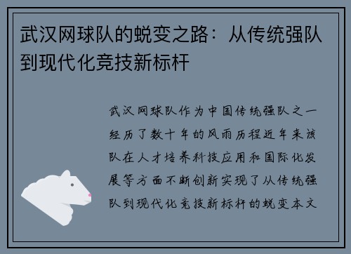 武汉网球队的蜕变之路：从传统强队到现代化竞技新标杆