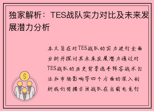 独家解析：TES战队实力对比及未来发展潜力分析