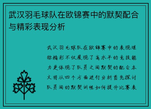 武汉羽毛球队在欧锦赛中的默契配合与精彩表现分析